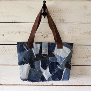 Upcycled Patchwork Denim Bag with Leather Straps